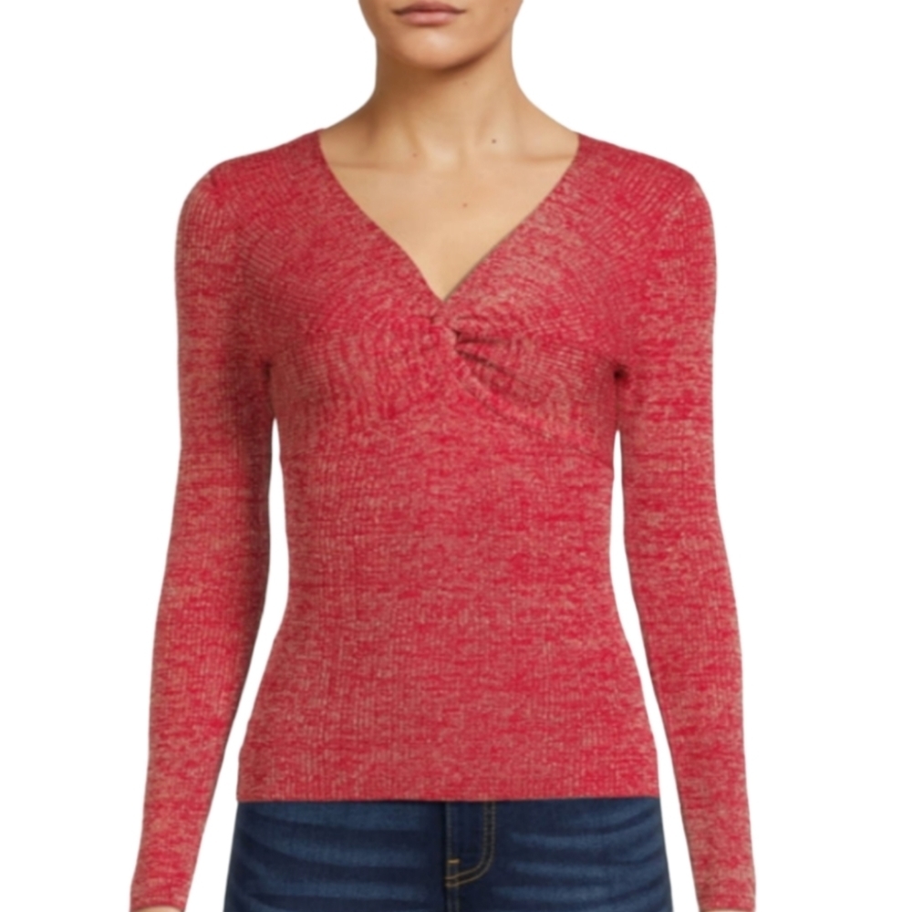 No Boundaries‎ Blouse Woman M Red Metallic Knit Twist Front Sweater Long Sleeves
